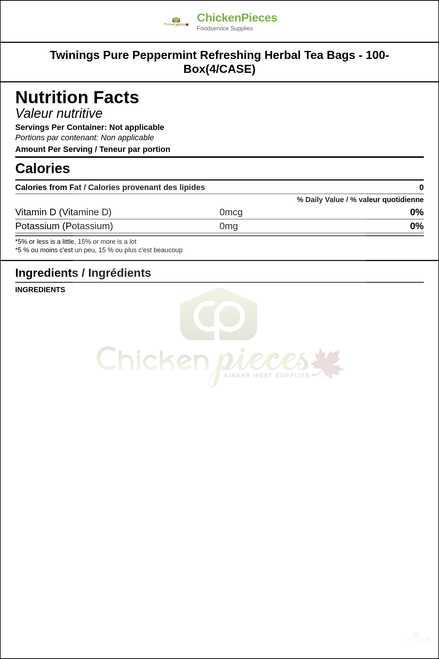 Twinings Pure Peppermint Refreshing Herbal Tea Bags - 100-Box(4/CASE) — Nutrition and Ingredients Label — www.chickenpieces.com