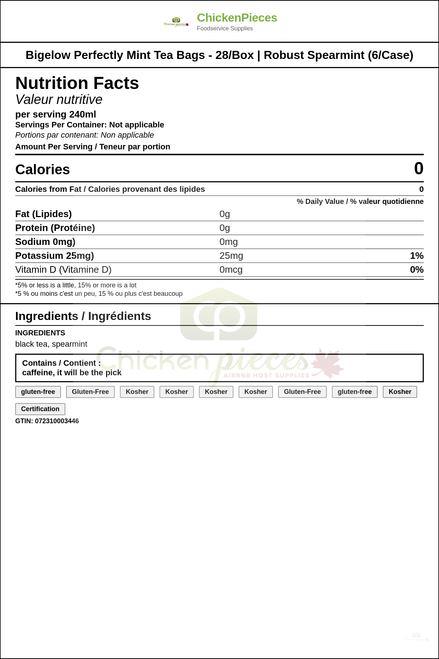 Bigelow Perfectly Mint Tea Bags - 28/Box | Robust Spearmint (6/Case) — Nutrition and Ingredients Label — www.chickenpieces.com