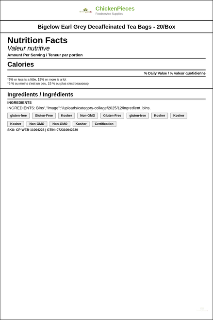 Bigelow Decaffeinated All-Natural Earl Grey Tea Bags - 20/Box (6/Case) — Nutrition and Ingredients Label — www.chickenpieces.com