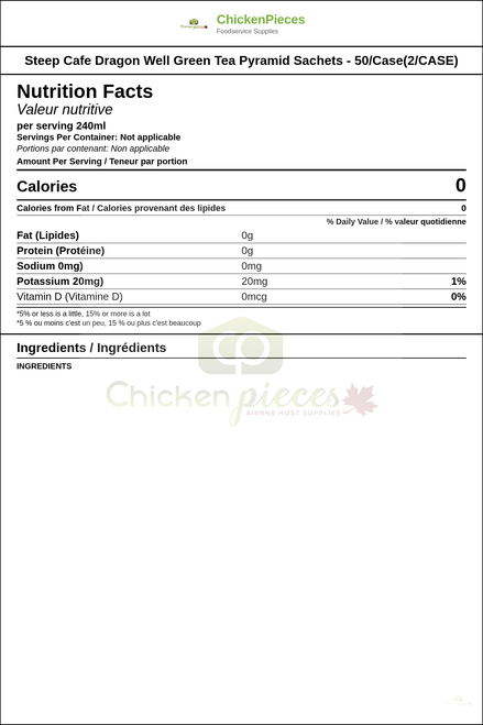 Steep Cafe Dragon Well Green Tea Pyramid Sachets - 50/Case(2/CASE) — Nutrition and Ingredients Label — www.chickenpieces.com