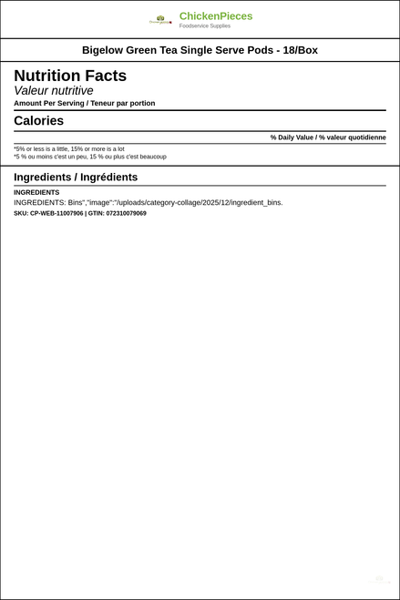 Bigelow Green Tea Single Serve Pods - Gluten-Free, 18/Box (6/Case) — Nutrition and Ingredients Label — www.chickenpieces.com