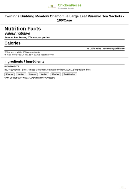 Twinings Budding Meadow Chamomile Caffeine-FreeTea - 100/Case(2/CASE) — Nutrition and Ingredients Label — www.chickenpieces.com