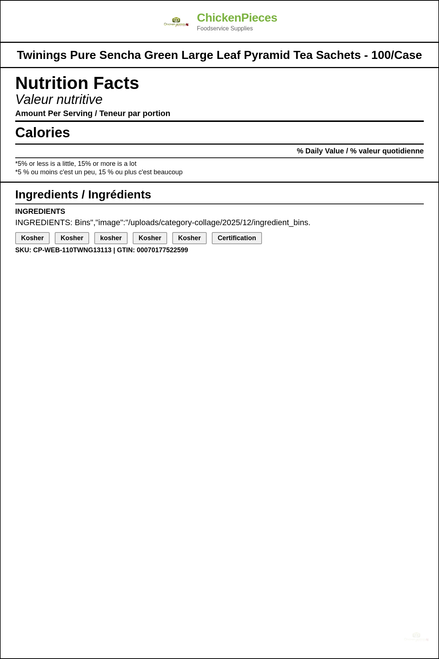 Twinings Pure Sencha Green Large Leaf RefreshingTea - 100/Case(2/CASE) — Nutrition and Ingredients Label — www.chickenpieces.com