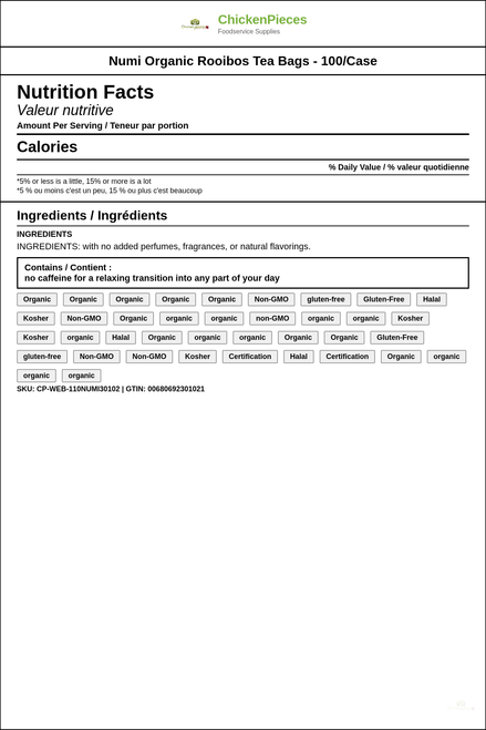 Numi Rooibos Bliss: Organic Caffeine-Free Tea Bags - 100/Case (4/Case) — Nutrition and Ingredients Label — www.chickenpieces.com