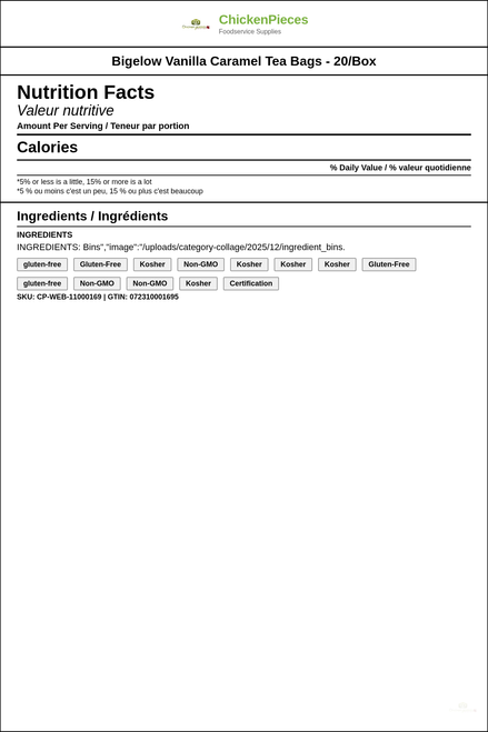 Bigelow Indulgent Flavor Vanilla Caramel Tea Bags - 20/Box (/CASE) — Nutrition and Ingredients Label — www.chickenpieces.com