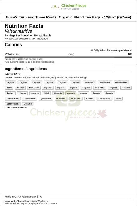 Numi's Turmeric Three Roots: Organic Blend Tea Bags - 12/Box (6/Case) — Nutrition and Ingredients Label — www.chickenpieces.com