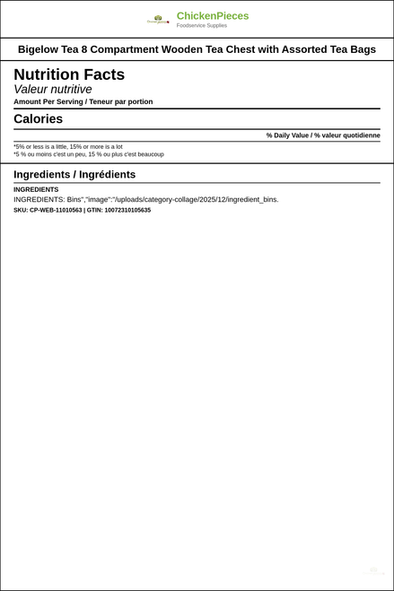 Bigelow Elegant Versatile 8-Compartment Wooden Tea Chest (2/Case) — Nutrition and Ingredients Label — www.chickenpieces.com