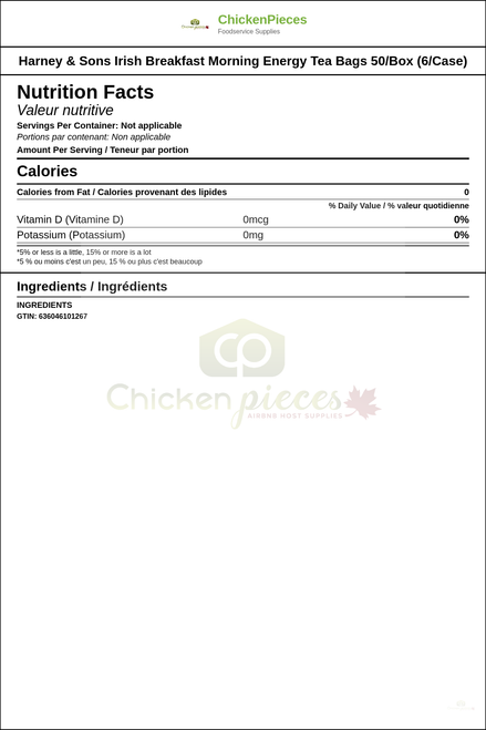 Harney & Sons Irish Breakfast Morning Energy Tea Bags 50/Box (6/Case) — Nutrition and Ingredients Label — www.chickenpieces.com