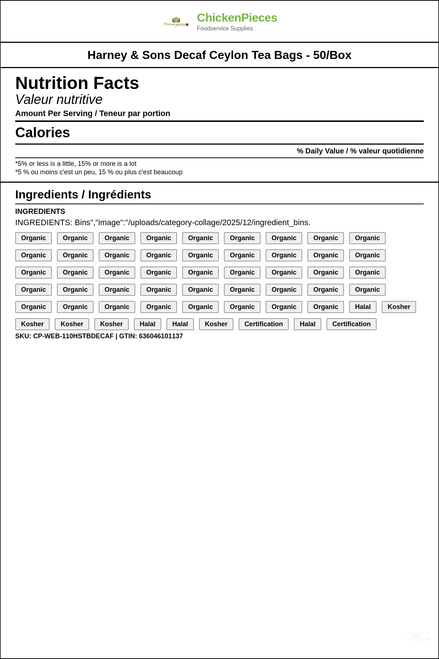 Harney & Sons Decaf Ceylon Tea Bags - 50/Box (6/Case) — Nutrition and Ingredients Label — www.chickenpieces.com