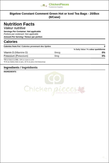 Bigelow Constant Comment Green Hot or Iced Tea Bags - 20/Box (6/Case) — Nutrition and Ingredients Label — www.chickenpieces.com