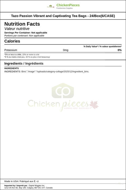 Tazo Passion Vibrant and Captivating Tea Bags - 24/Box(6/CASE) — Nutrition and Ingredients Label — www.chickenpieces.com