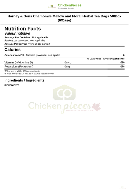 Harney & Sons Chamomile Mellow and Floral Herbal Tea Bags 50/Box (6/Case) — Nutrition and Ingredients Label — www.chickenpieces.com