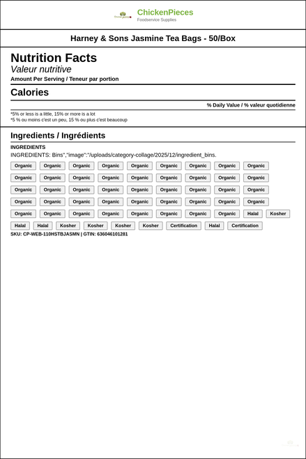Harney & Sons Jasmine Medium-Bodied Tea Bags - 50/Box (6/Case) — Nutrition and Ingredients Label — www.chickenpieces.com