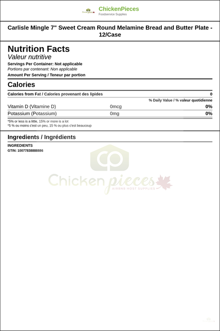 Carlisle Mingle 7" Sweet Cream Round Melamine Bread and Butter Plate - 12/Case — Nutrition and Ingredients Label — www.chickenpieces.com