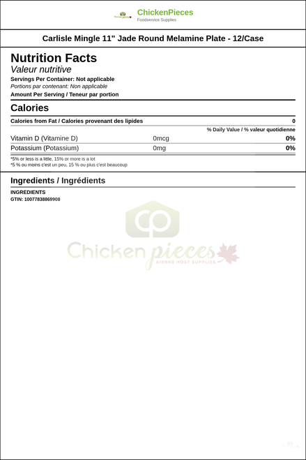 Carlisle Mingle 11" Jade Round Melamine Plate - 12/Case — Nutrition and Ingredients Label — www.chickenpieces.com