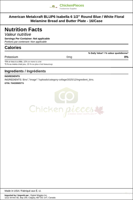American Metalcraft BLUP6 Isabella 6 1/2" Round Blue / White Floral Melamine Bread and Butter Plate - 16/Case — Nutrition and Ingredients Label — www.chickenpieces.com