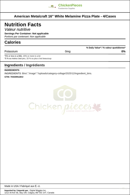 American Metalcraft 16" White Melamine Pizza Plate - 4/Cases — Nutrition and Ingredients Label — www.chickenpieces.com