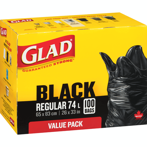 GLAD Regular Black Garbage Bags 74 Litres, 100 Bags(8/Case)-Chicken Pieces