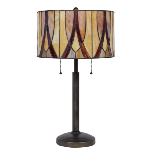 24" Bronze Metal Two Light Table Lamp With Red And Ivory Drum Shade - Chicken Pieces