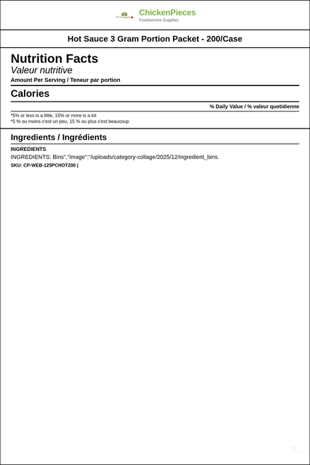Hot Sauce Portion Packets - 3g, 200/Case - On-the-Go Boldness — Nutrition and Ingredients Label — www.chickenpieces.com