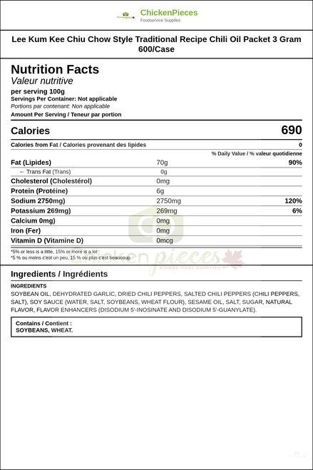 Lee Kum Kee Chiu Chow Style Traditional Recipe Chili Oil Packet 3 Gram 600/Case — Nutrition and Ingredients Label — www.chickenpieces.com