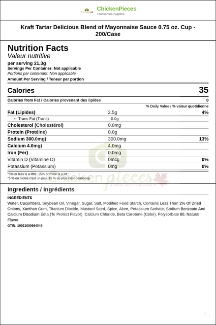 Kraft Tartar Delicious Blend of Mayonnaise Sauce 0.75 oz. Cup - 200/Case — Nutrition and Ingredients Label — www.chickenpieces.com
