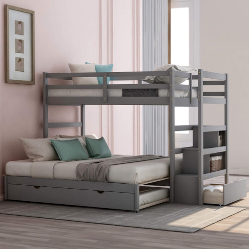 homeroots bed & bath Gray Twin Over Twin Contemporary Bunk Bed With Stairs 