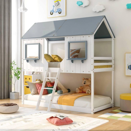homeroots bed & bath White Twin Over Twin Contemporary Bunk Bed 