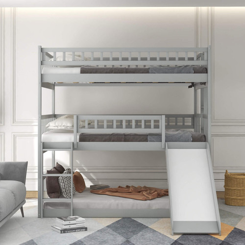 homeroots bed & bath Gray Full Over Full Over Full Contemporary Bunk Bed With Slide 