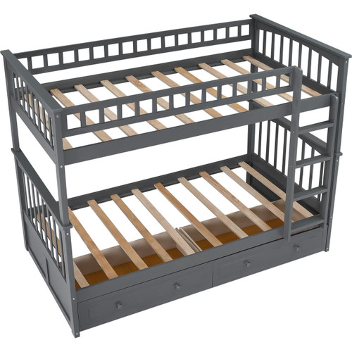 homeroots bed & bath Twin over Twin Bunk Bed Drawers Convertible Beds Gray 