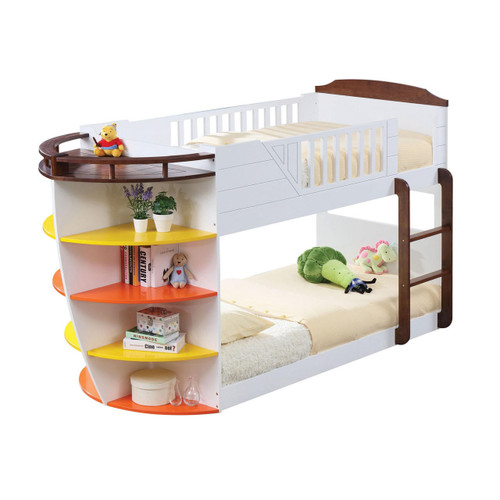 homeroots bed & bath 100" X 41" X 57" White And Chocolate Twin Over Twin Bunk Bed With Storage Shelf 