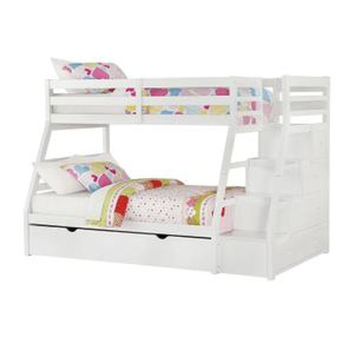 homeroots bed & bath 95" X 56" X 65" Twin Over Full White Storage Ladder And Trundle Bunk Bed 