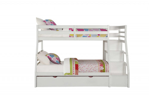 homeroots bed & bath 95" X 56" X 65" Twin Over Full White Storage Ladder And Trundle Bunk Bed 