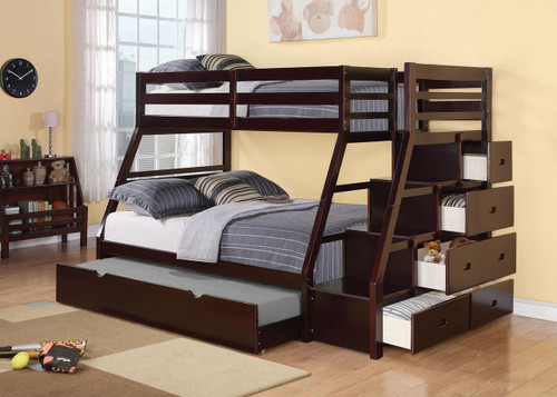 homeroots bed & bath 98" X 56" X 65" Espresso Pine Wood Bunk Bed (Twin/Full) With Trundle 