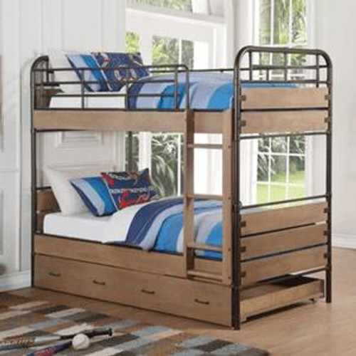 homeroots bed & bath 79" X 42" X 71" Antique Oak And Gunmetal Twin Over Twin Bunk Bed 