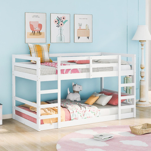 homeroots bed & bath Pastel White Twin Over Twin Dual Ladder Bunk Bed 
