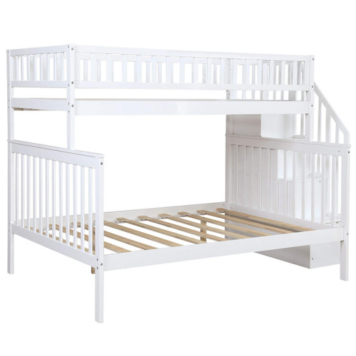 homeroots bed & bath White Twin Over Full Farmhouse Style Bunk Bed with Staircase 
