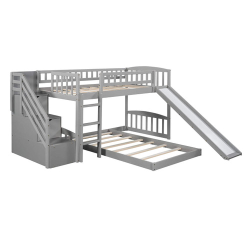 homeroots bed & bath Gray Twin Over Twin Perpendicular Bunk Bed with Storage Stairs and Slide 