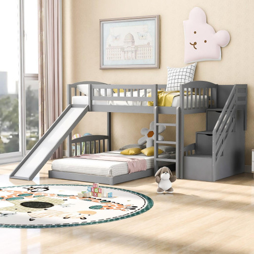 homeroots bed & bath Gray Twin Over Twin Perpendicular Bunk Bed with Storage Stairs and Slide 