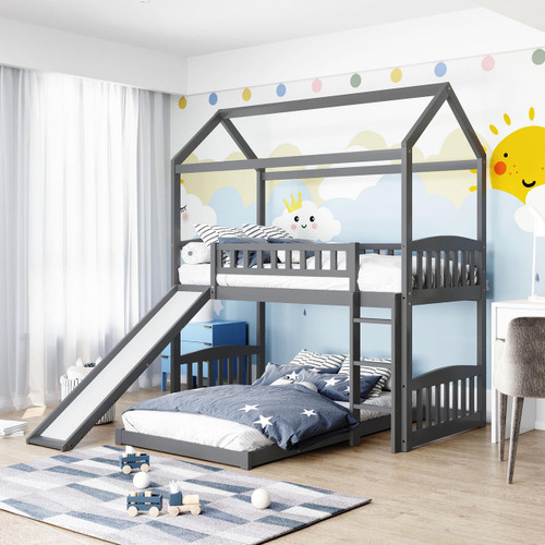 homeroots bed & bath Gray Playhouse Frame Full Over Full Perpendicular Bunk Bed with Slide 