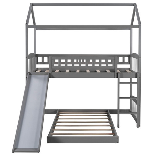 homeroots bed & bath Gray Playhouse Frame Full Over Full Perpendicular Bunk Bed with Slide 