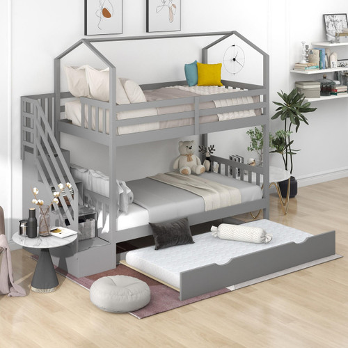 homeroots bed & bath Gray Twin Over Twin Playhouse Bunk Bed with Trundle and Staircase 