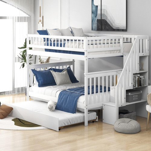 homeroots bed & bath White Full Over Full Farmhouse Style Bunk Bed with Trundle and Staircase 