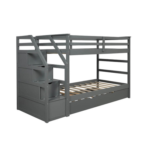 homeroots bed & bath Gray Twin Over Twin Bunk Bed with Trundle 