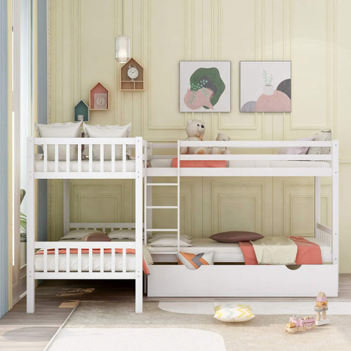 homeroots bed & bath White Twin Size L Shaped Double Bunk Bed with Drawer 