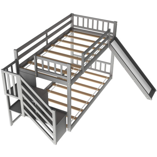 homeroots bed & bath Gray Twin Over Twin Bunk Bed with Stairway and Slide 