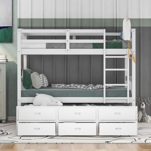 homeroots bed & bath White Twin Over Twin Bunk Bed with Trundle and Drawers 