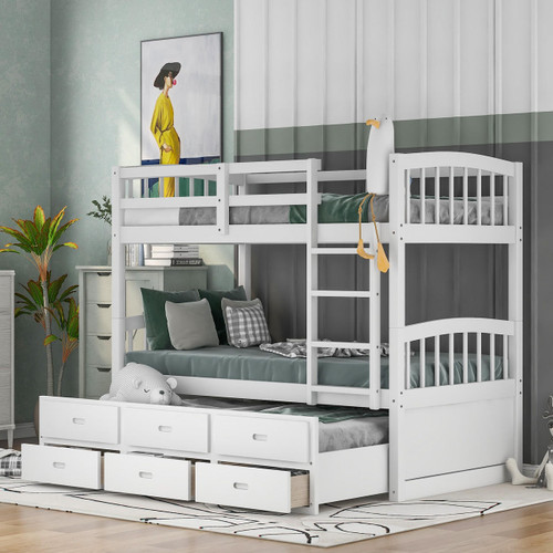 homeroots bed & bath White Twin Over Twin Bunk Bed with Trundle and Drawers 