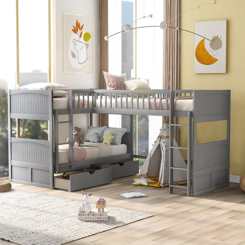 homeroots bed & bath Gray Twin Size Bunk Bed with attached Loft Bed and Drawers 