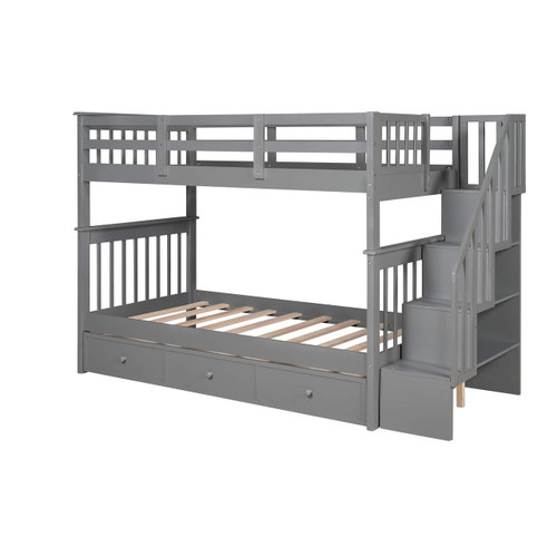 homeroots bed & bath Gray Twin Over Twin Bunk Bed with Stairway and Drawers 